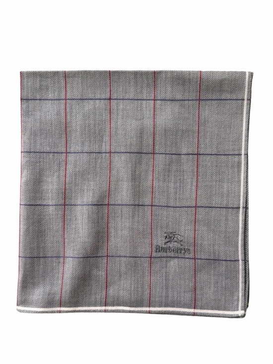 Burberry Accessories - Burberry’s Grey Windowpane Herringbone Pocket Square with Red Purple & Blue Line